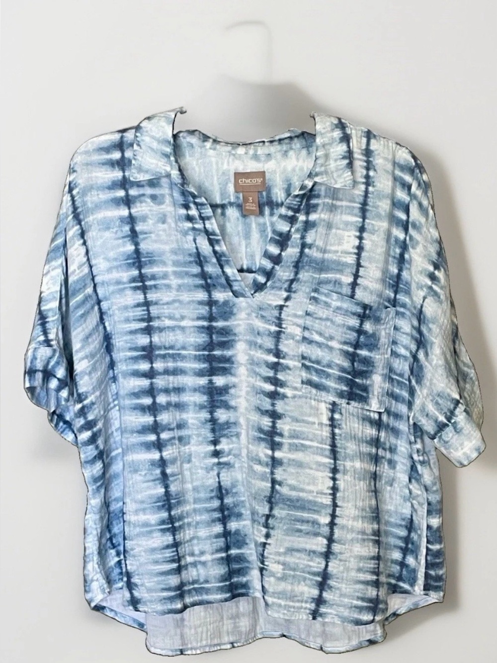 Chico's Blue Tie Dye Shibori Collared Blouse Split Neck Women's Size 3 (XL)